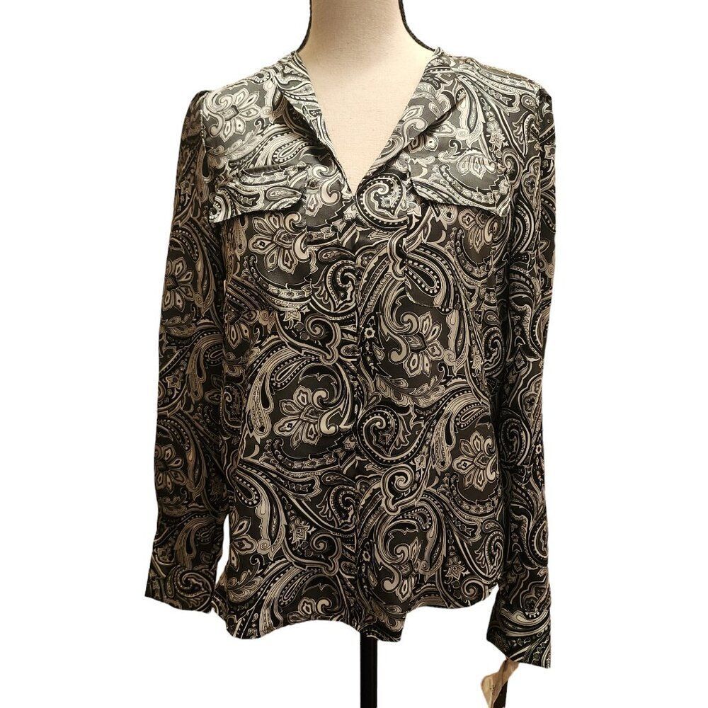 Jones New York Utility Blouse in Grey, Black, and White Paisley Print, Size XS